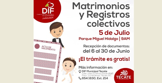 Convoca DIF Tecate a Matrimonios y Registros Colectivos