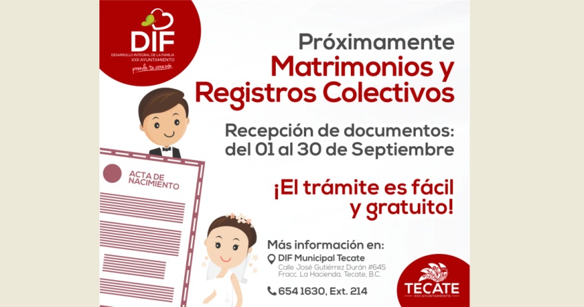 Convoca DIF Tecate a Matrimonios y Registros Colectivos