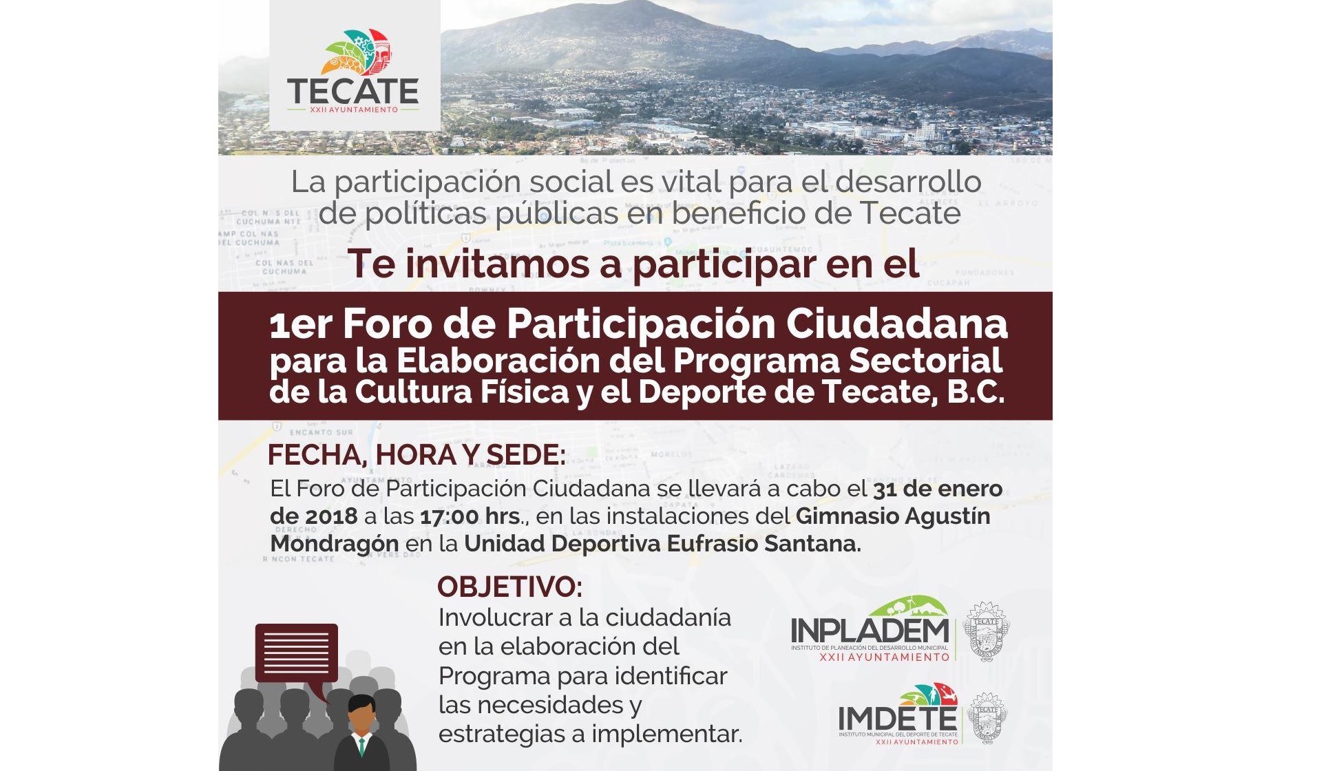 Invitan al 1er Foro de Participación Ciudadana para la Elaboración del Programa Sectorial de la Cultura Física y el Deporte de Tecate