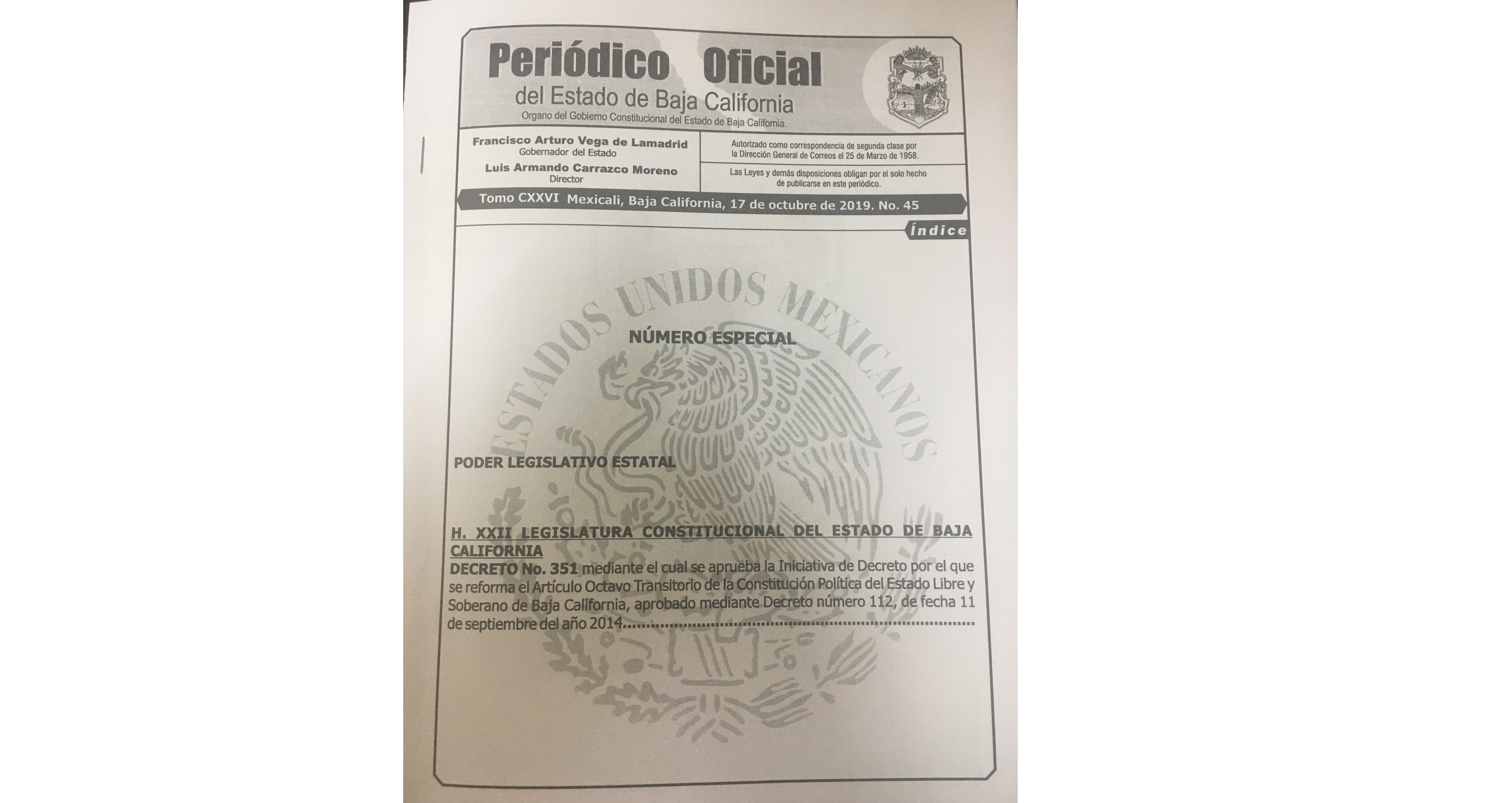 Publica Gobierno del Estado decreto que amplía Gubernatura en Baja California